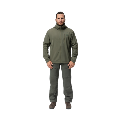 Frontal photo of the Tomahawk Performance Overlayer Anorak, a tactical urban or military use wind jacket/windbreaker layer, in the Ranger Green color way.