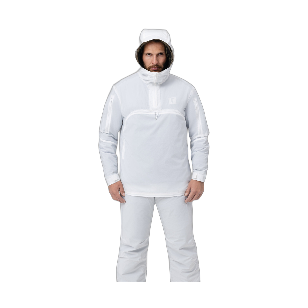 Frontal photo of the Tomahawk Performance Overlayer Anorak, tactical alpine overwhites, in the Overwhite color way, with the hood up.