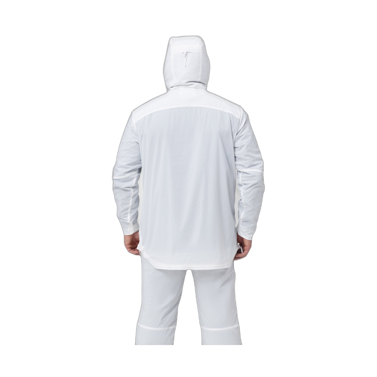 Back photo of the Tomahawk Performance Overlayer Anorak, tactical alpine overwhites, in the Overwhite color way, with the hood up.