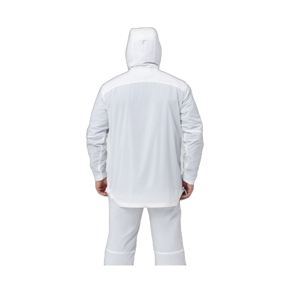 Back photo of the Tomahawk Performance Overlayer Anorak, tactical alpine overwhites, in the Overwhite color way, with the hood up.