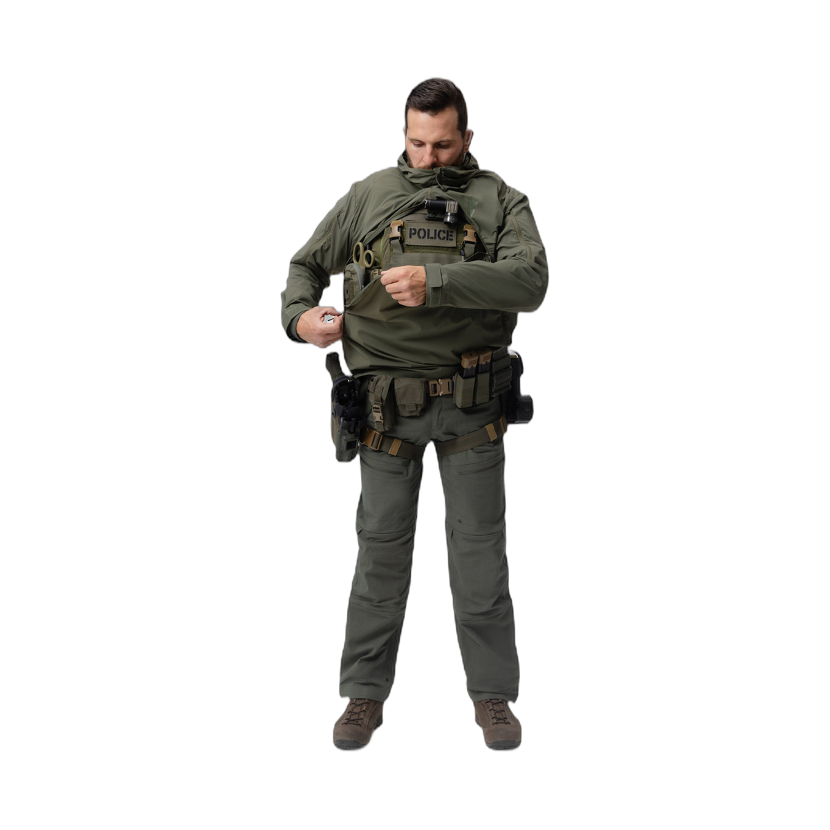 Frontal photo of the Tomahawk Performance Overlayer Anorak, tactical urban or military use weather protective layer, in the Ranger Green color way. Reverse-U zip shown being closed over a carrier.

