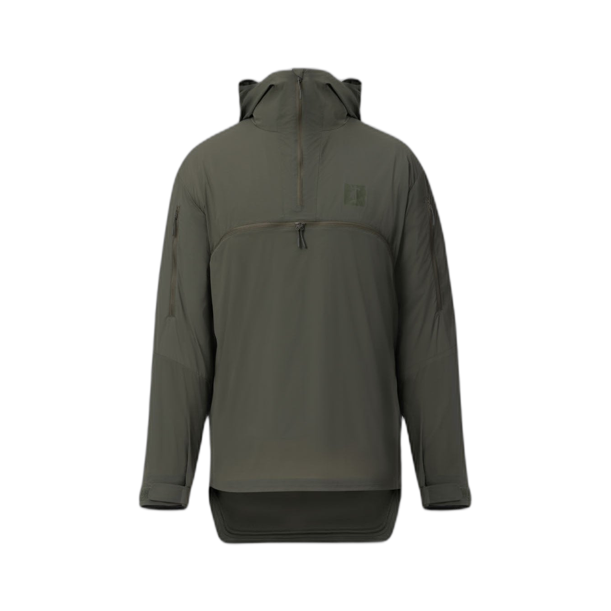 On form frontal photo of the Tomahawk Performance Overlayer Anorak, a lightweight tactical weather protective layer, in Ranger Green.