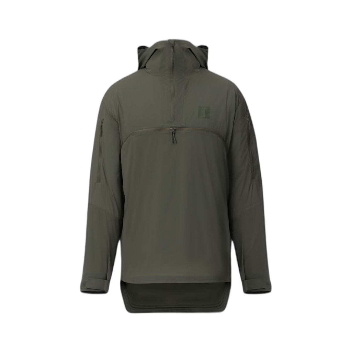 On form frontal photo of the Tomahawk Performance Overlayer Anorak, a lightweight tactical weather protective layer, in Ranger Green.