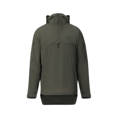 On form frontal photo of the Tomahawk Performance Overlayer Anorak, a lightweight tactical weather protective layer, in Ranger Green.