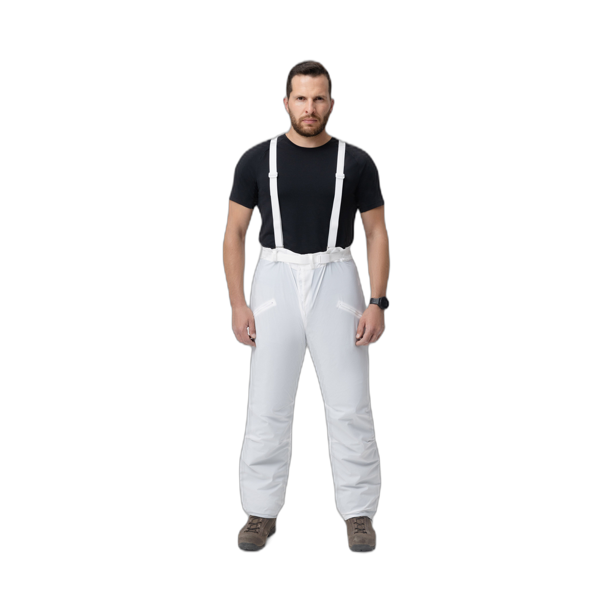 Frontal photo of the Tomahawk Performance Overlayer Pants, tactical alpine overwhites, in the Overwhite color way, showing suspenders.
