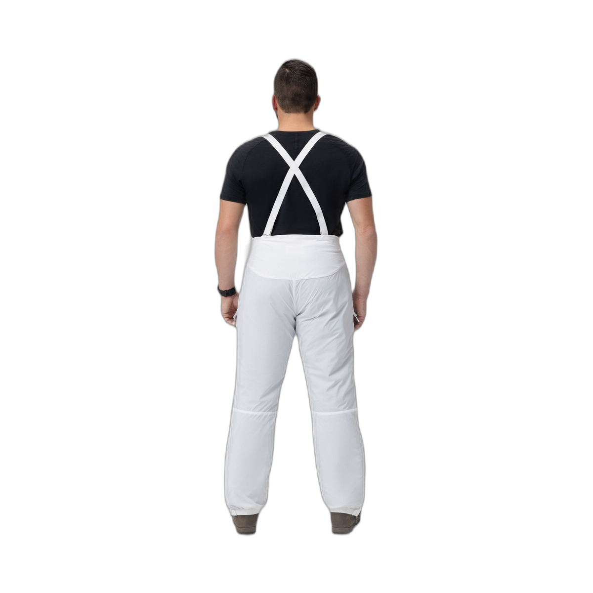 Back photo of the Tomahawk Performance Overlayer Pants, tactical alpine overwhites, in the Overwhite color way, showing suspenders.
